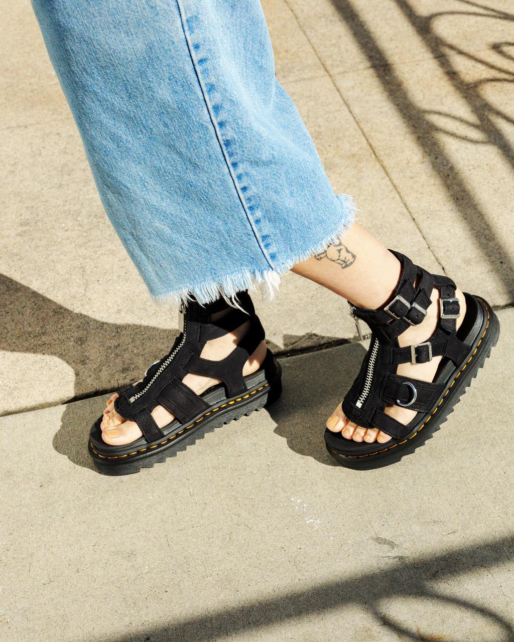 Sandalias Dr Martens Olson Tumbled Nubuck Leather Gladiator Zip Mujer Negros | 25615448